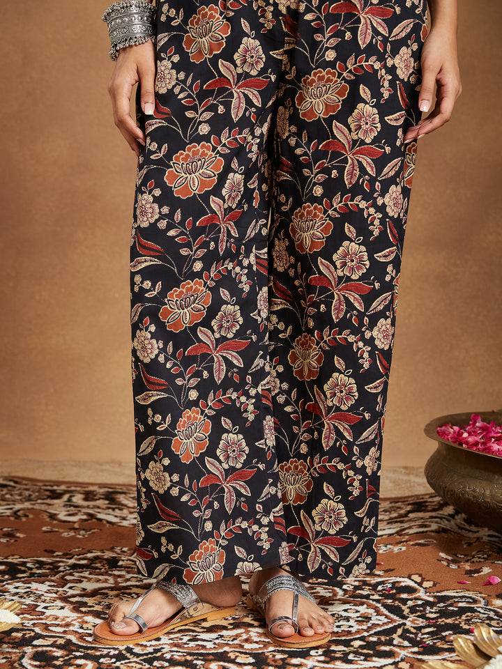 Black Cotton A-Line Floral Printed 3-Piece Kurta Set