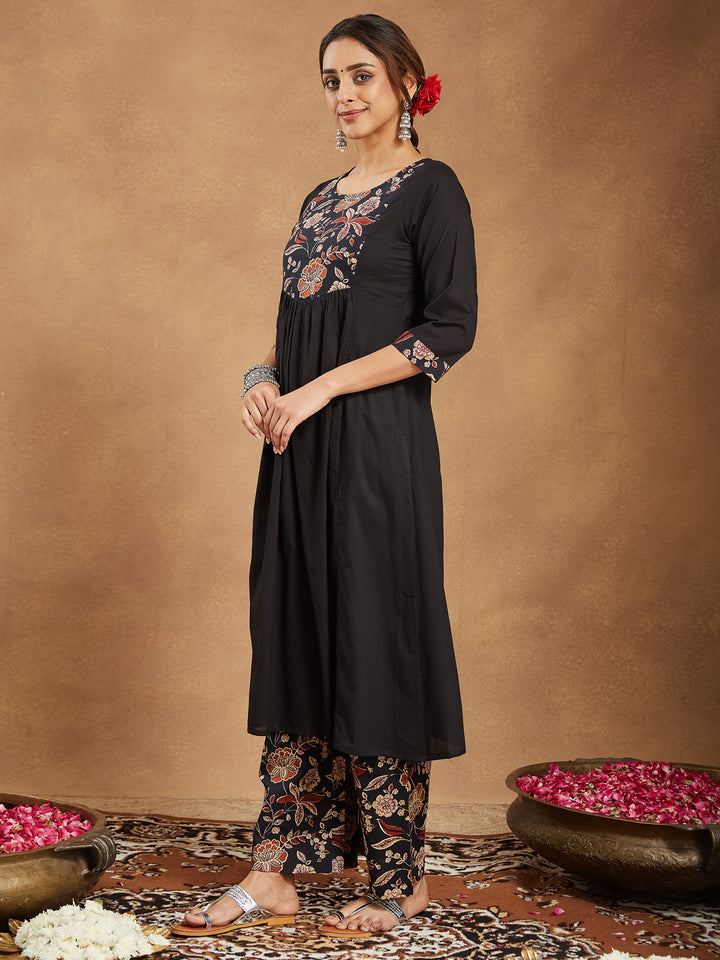 Black Cotton A-Line Floral Printed 3-Piece Kurta Set