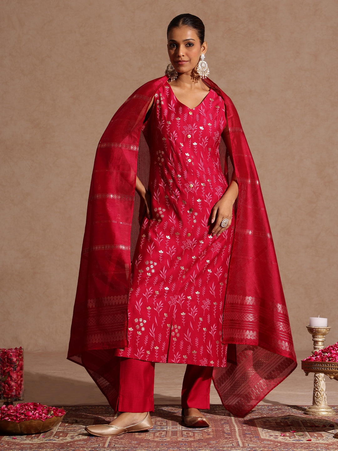 Pink Silk Blend Foil Print 3-Piece Kurta Set