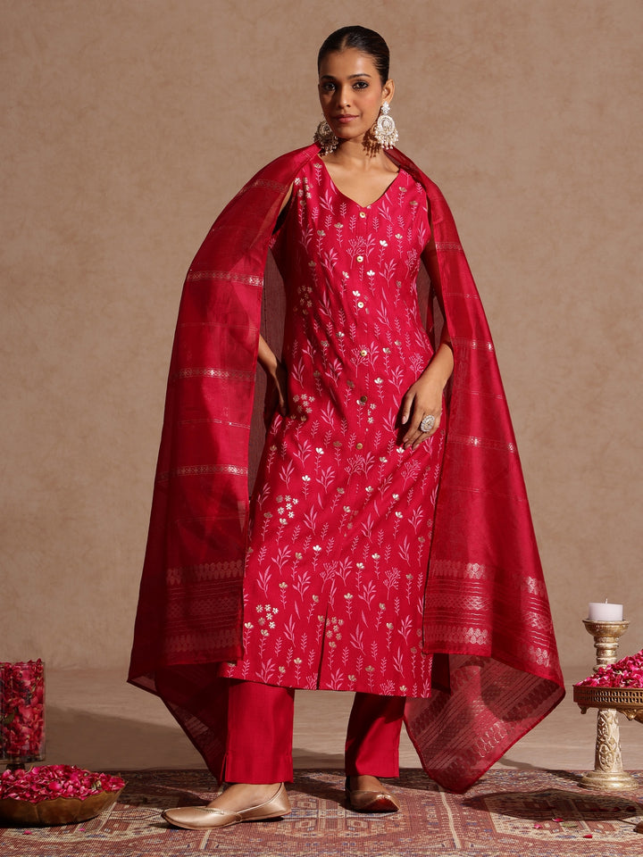 Pink Silk Blend Foil Print 3-Piece Kurta Set