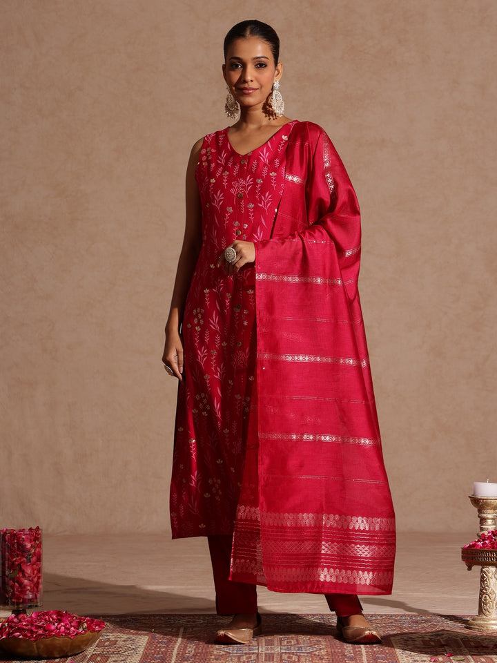Pink Silk Blend Foil Print 3-Piece Kurta Set