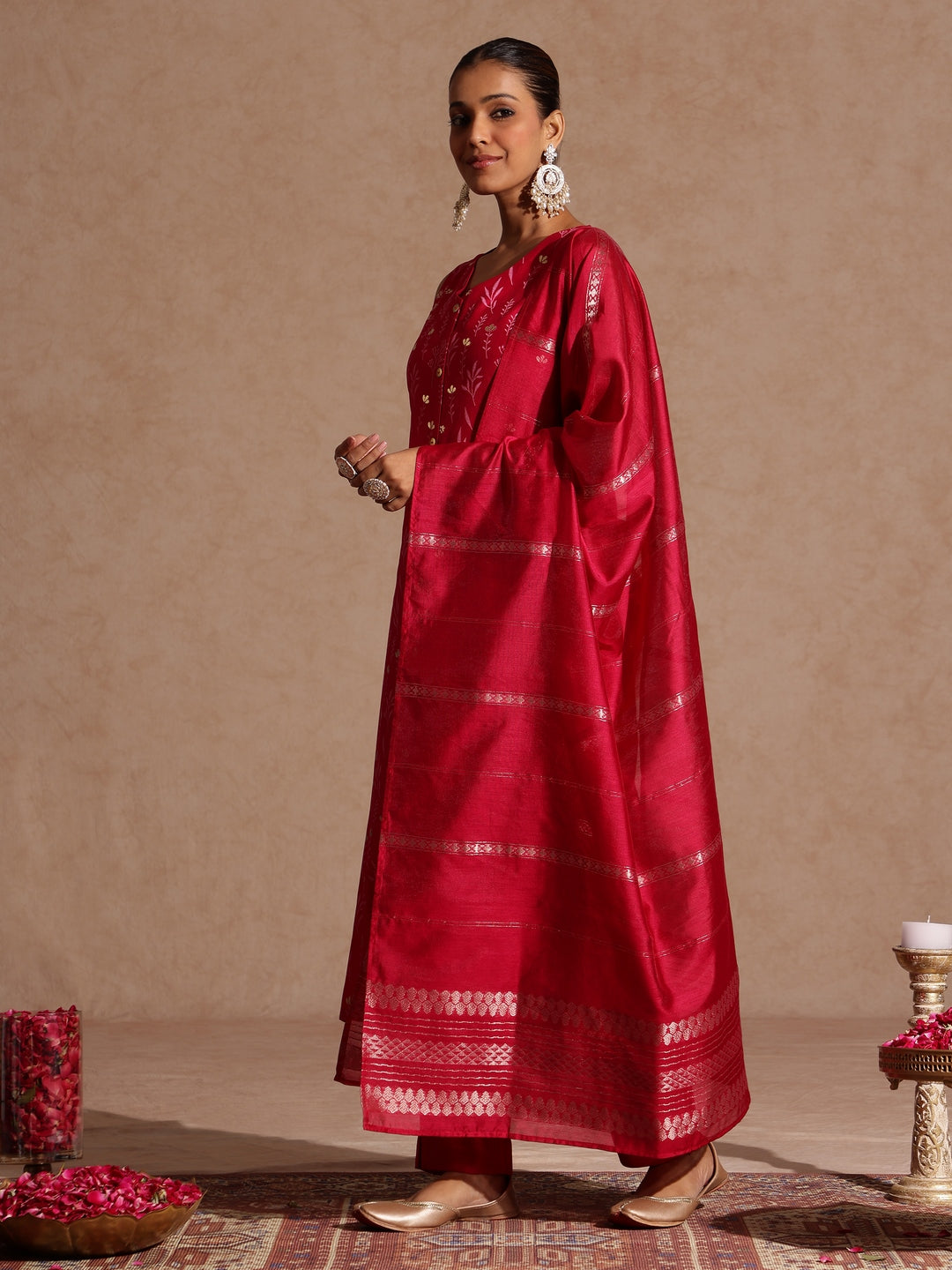 Pink Silk Blend Foil Print 3-Piece Kurta Set