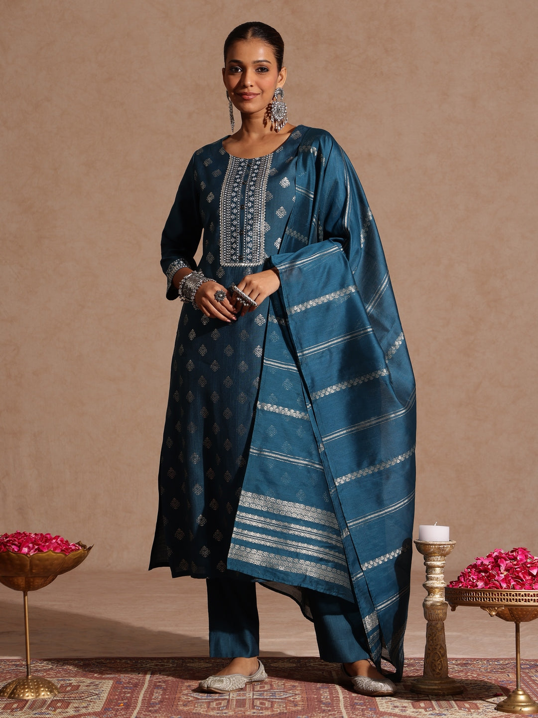 Teal Silk Blend Embellished 3-Piece Kurta Set