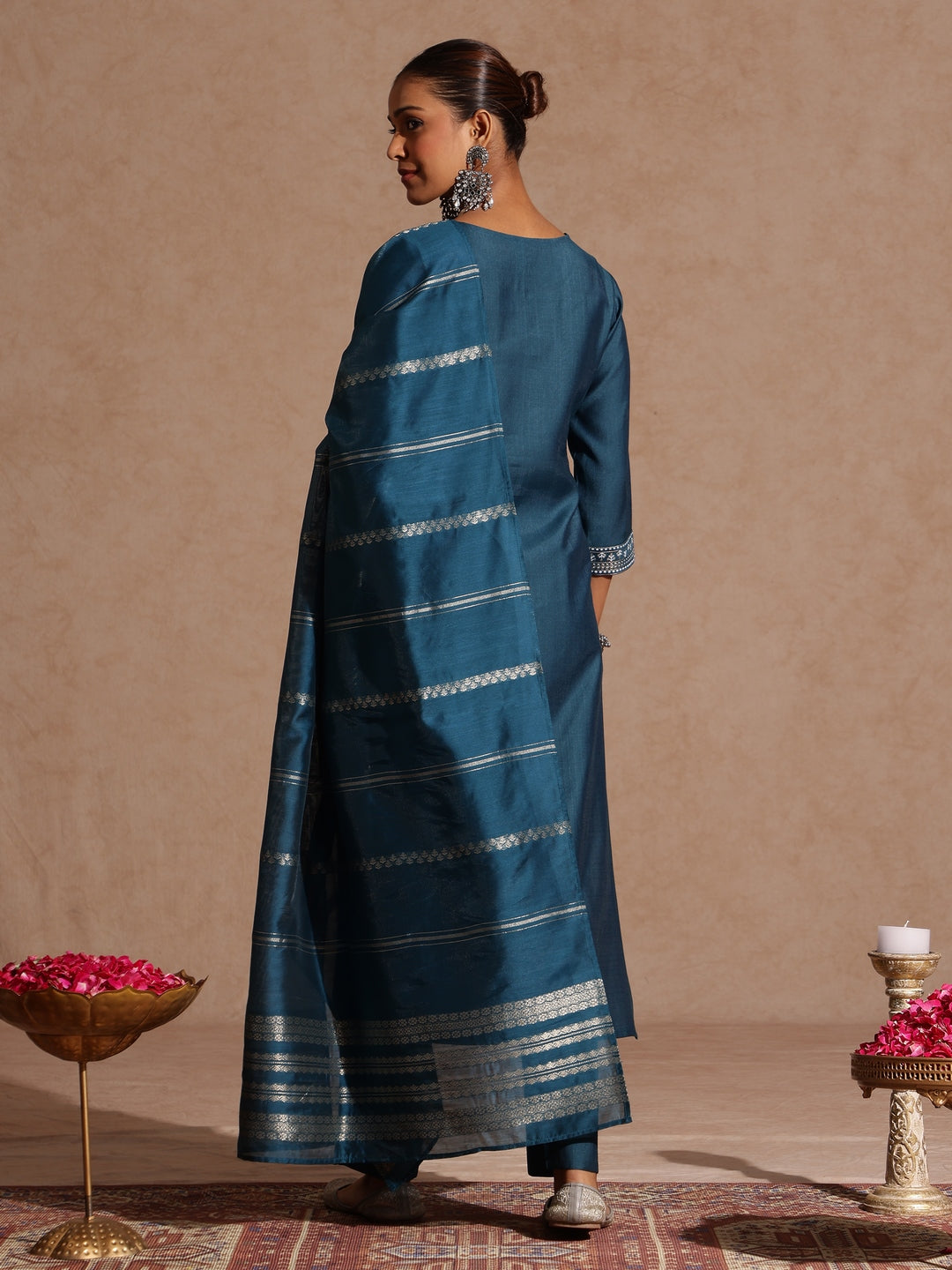 Teal Silk Blend Embellished 3-Piece Kurta Set