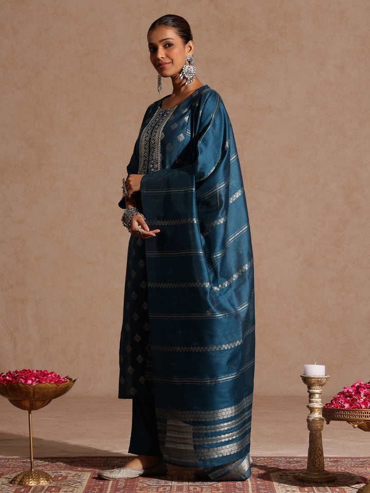 Teal Silk Blend Embellished 3-Piece Kurta Set