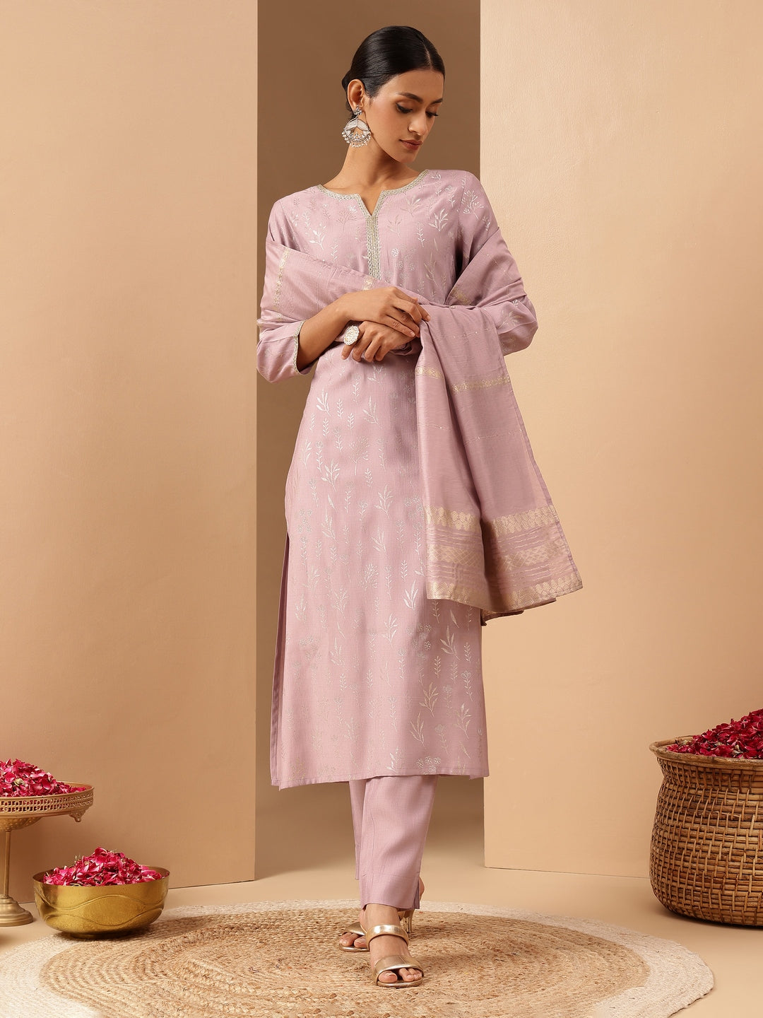 Lavender Silk Blend Foil Print 3-Piece Kurta Set