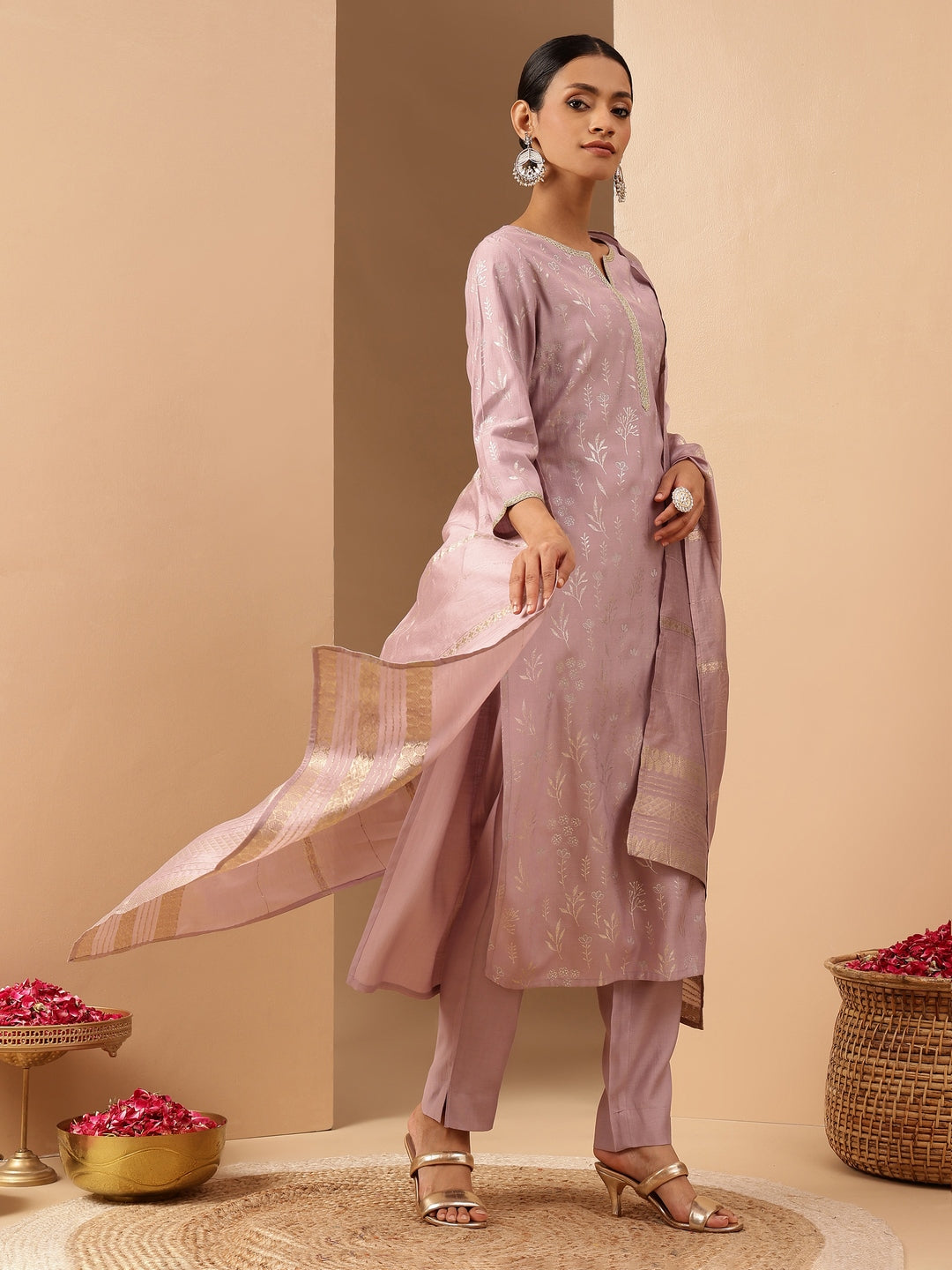 Lavender Silk Blend Foil Print 3-Piece Kurta Set