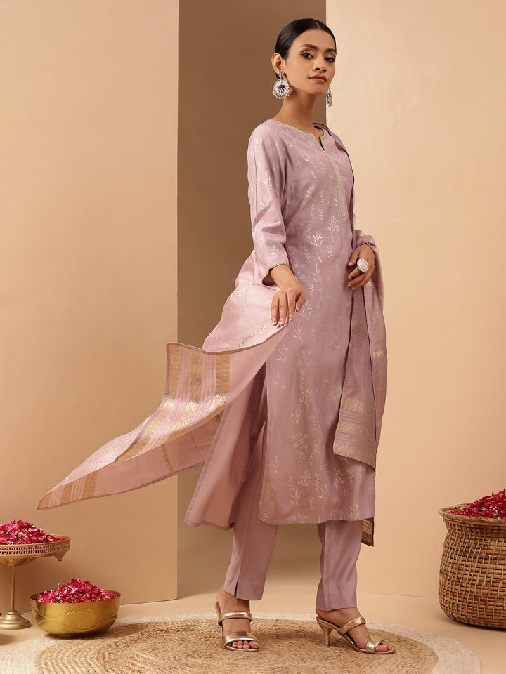 Lavender Silk Blend Foil Print 3-Piece Kurta Set
