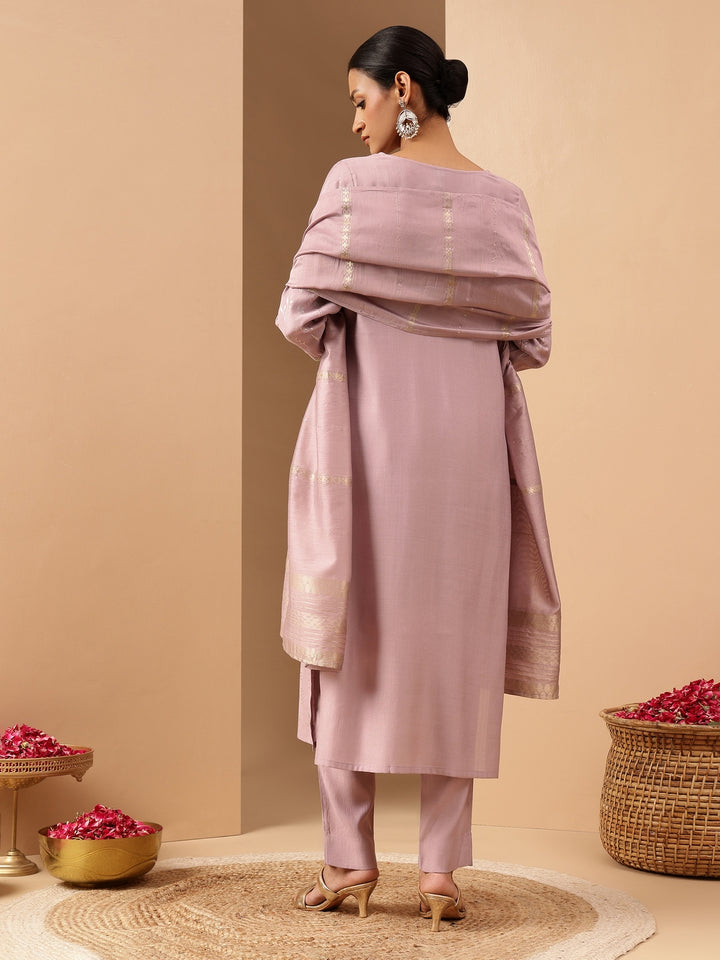 Lavender Silk Blend Foil Print 3-Piece Kurta Set