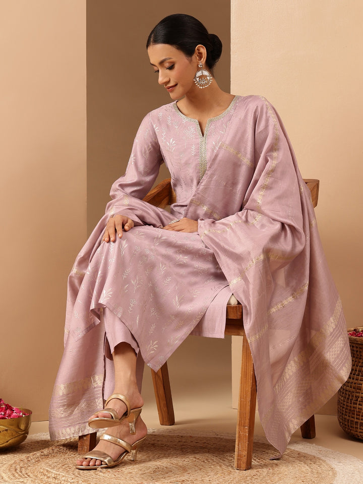 Lavender Silk Blend Foil Print 3-Piece Kurta Set