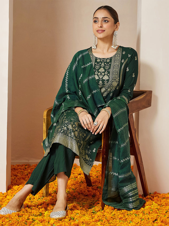 Bottle Green Silk Blend Foil Print 3-Piece Kurta Set