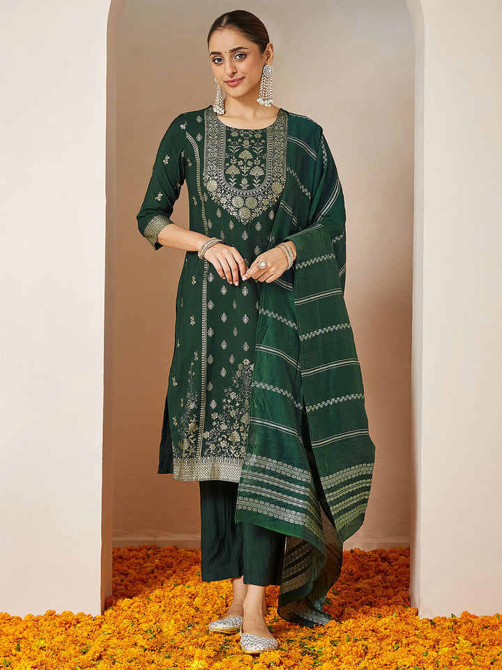 Bottle Green Silk Blend Foil Print 3-Piece Kurta Set