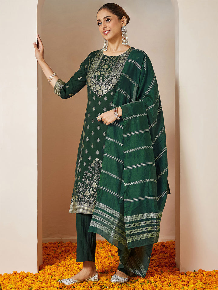 Bottle Green Silk Blend Foil Print 3-Piece Kurta Set