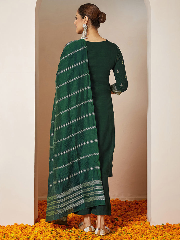 Bottle Green Silk Blend Foil Print 3-Piece Kurta Set