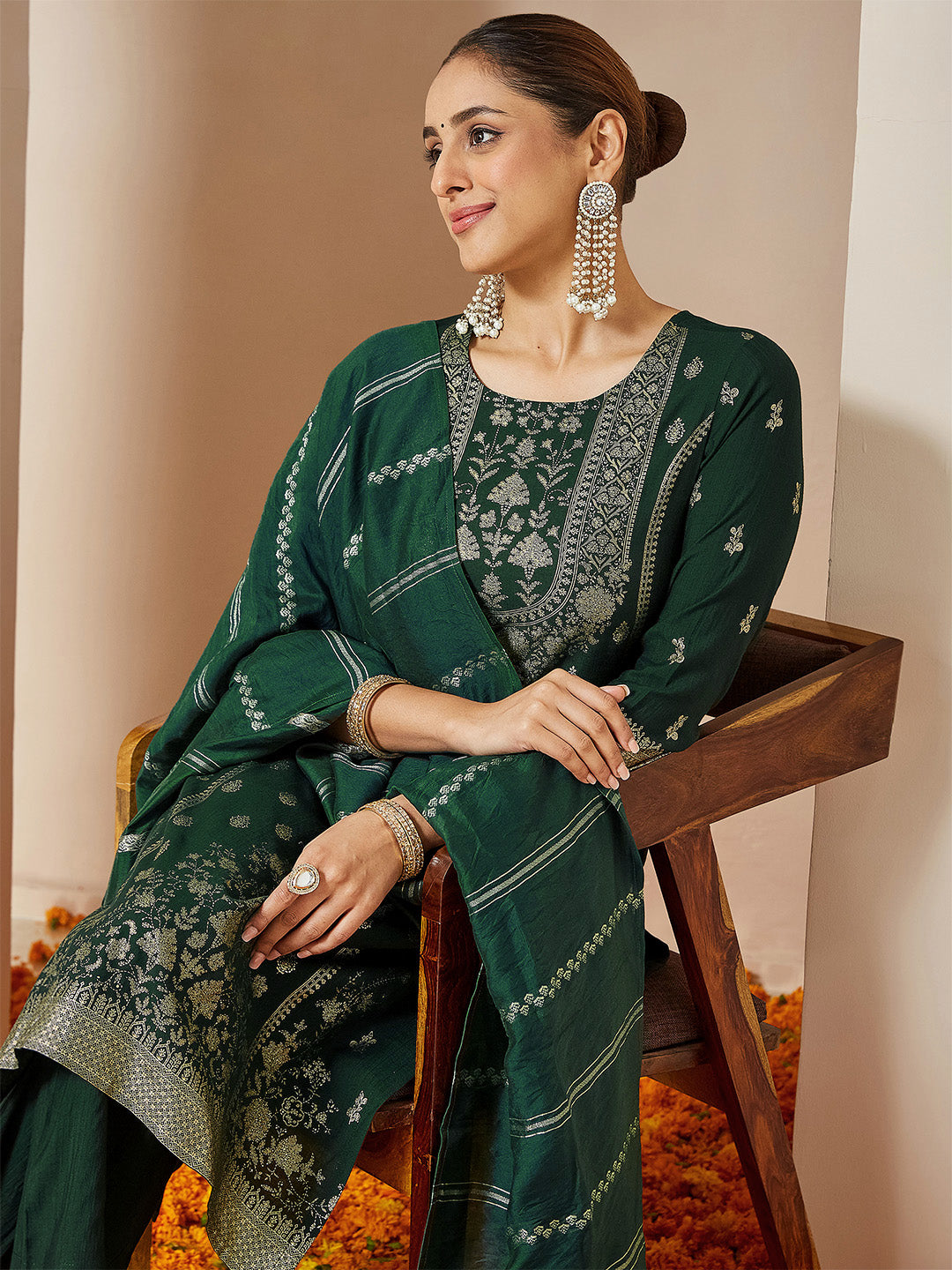 Bottle Green Silk Blend Foil Print 3-Piece Kurta Set