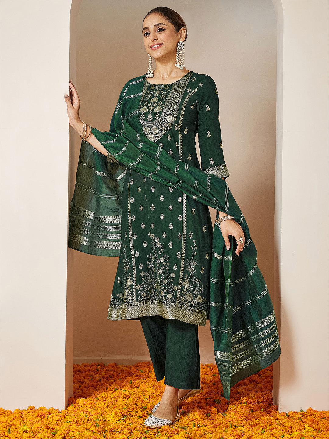 Bottle Green Silk Blend Foil Print 3-Piece Kurta Set