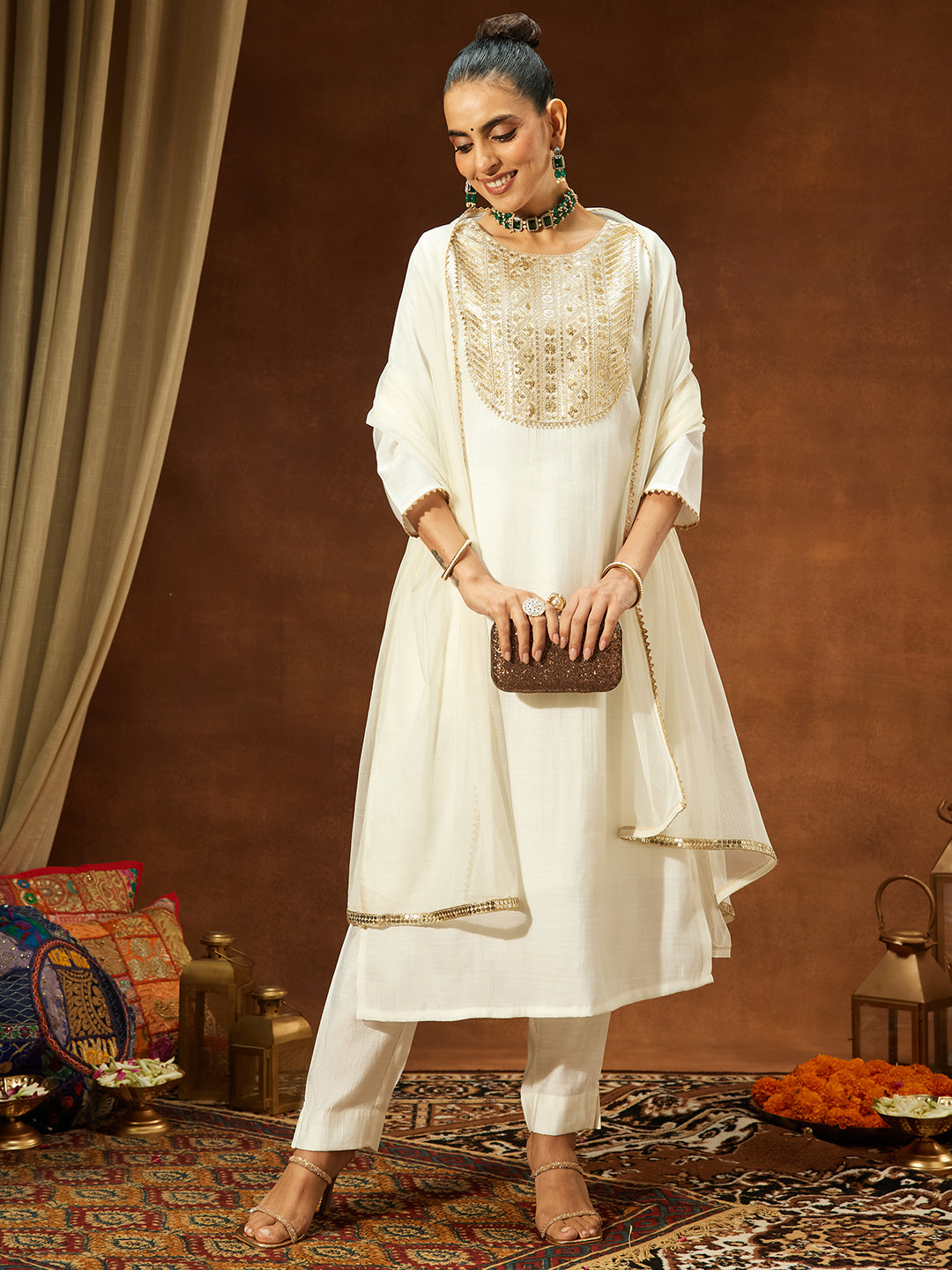 White Silk Blend Yoke Embroidery 3-Piece Kurta Set