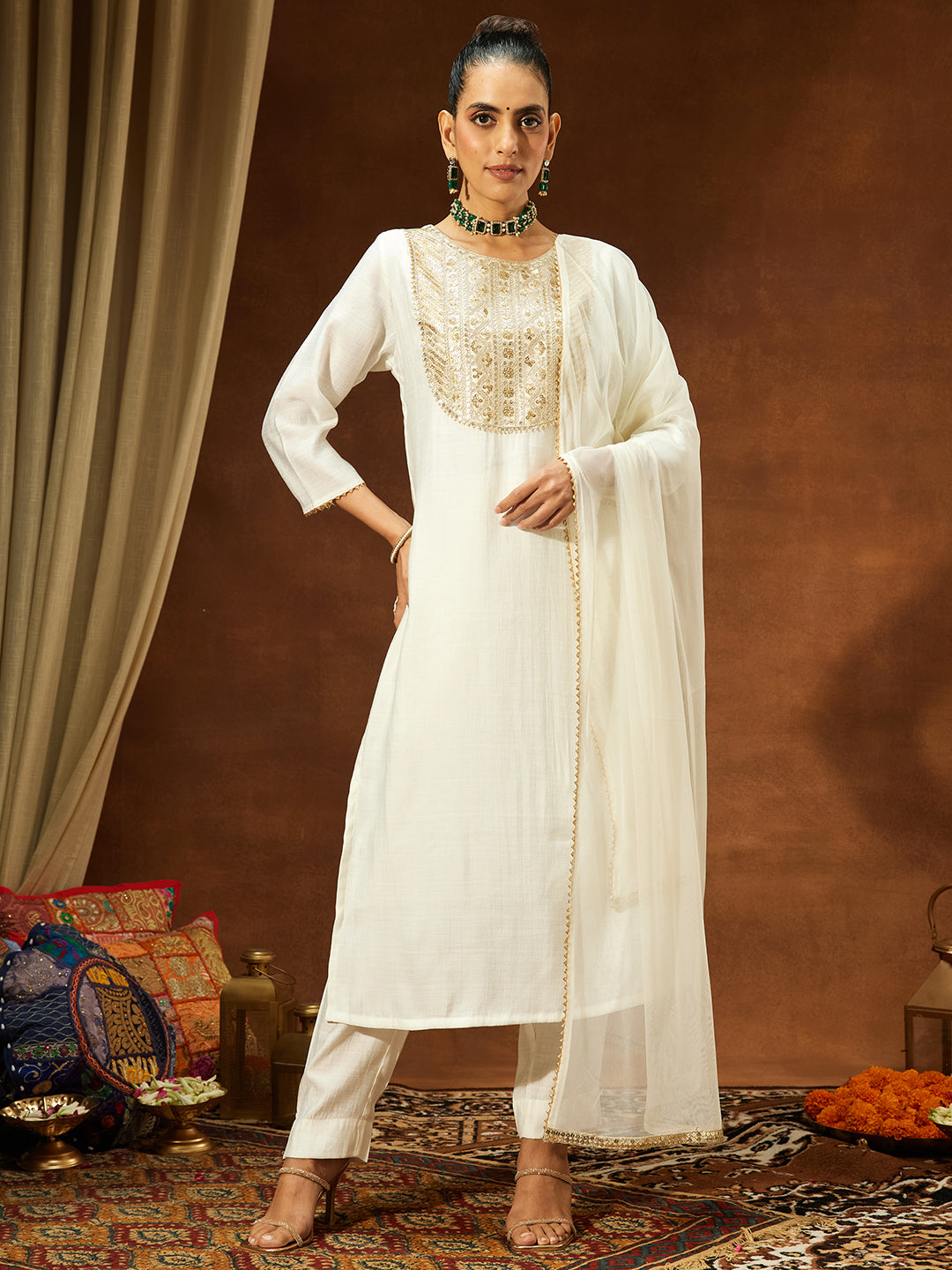 White Silk Blend Yoke Embroidery 3-Piece Kurta Set