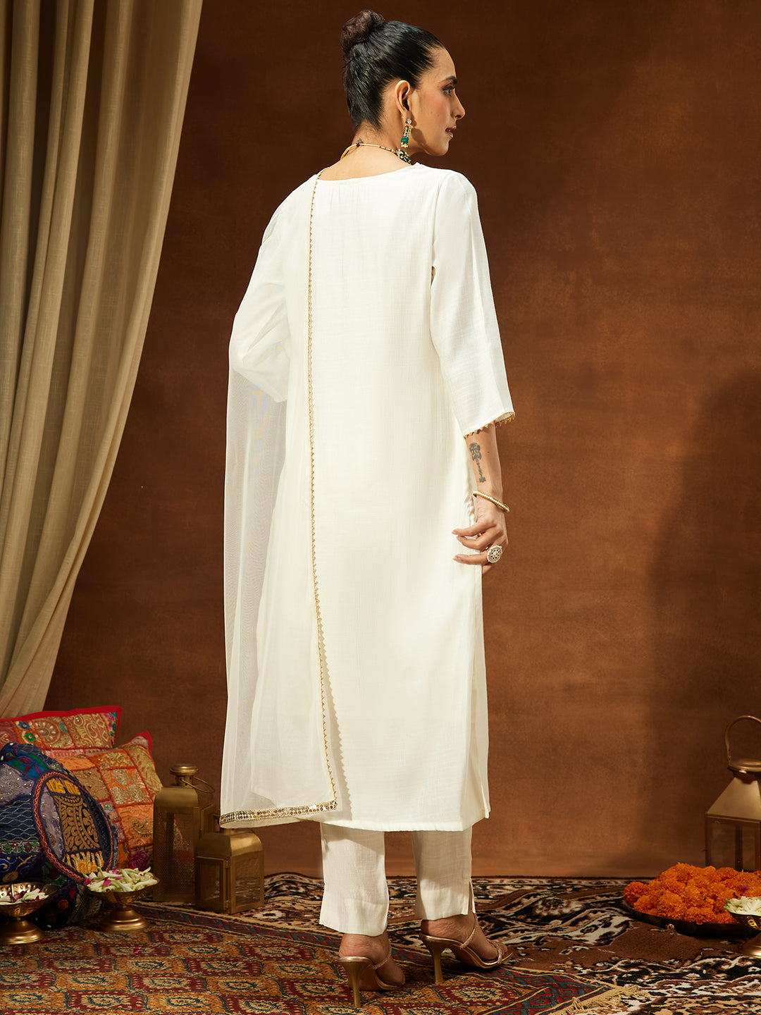 White Silk Blend Yoke Embroidery 3-Piece Kurta Set