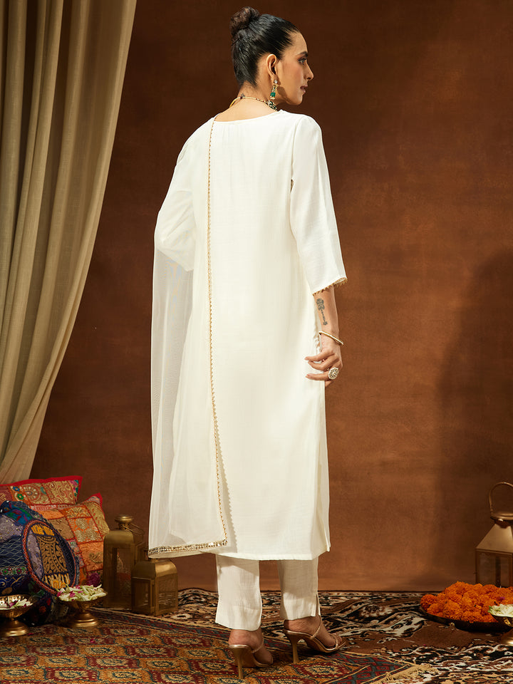 White Silk Blend Yoke Embroidery 3-Piece Kurta Set