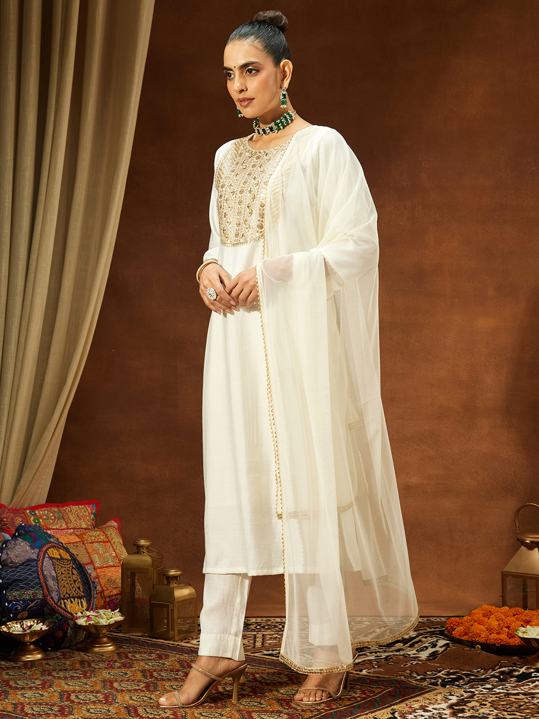 White Silk Blend Yoke Embroidery 3-Piece Kurta Set