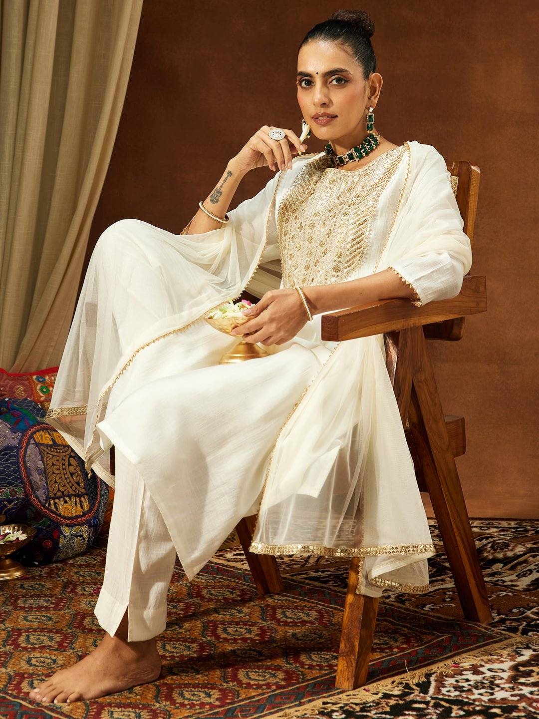 White Silk Blend Yoke Embroidery 3-Piece Kurta Set
