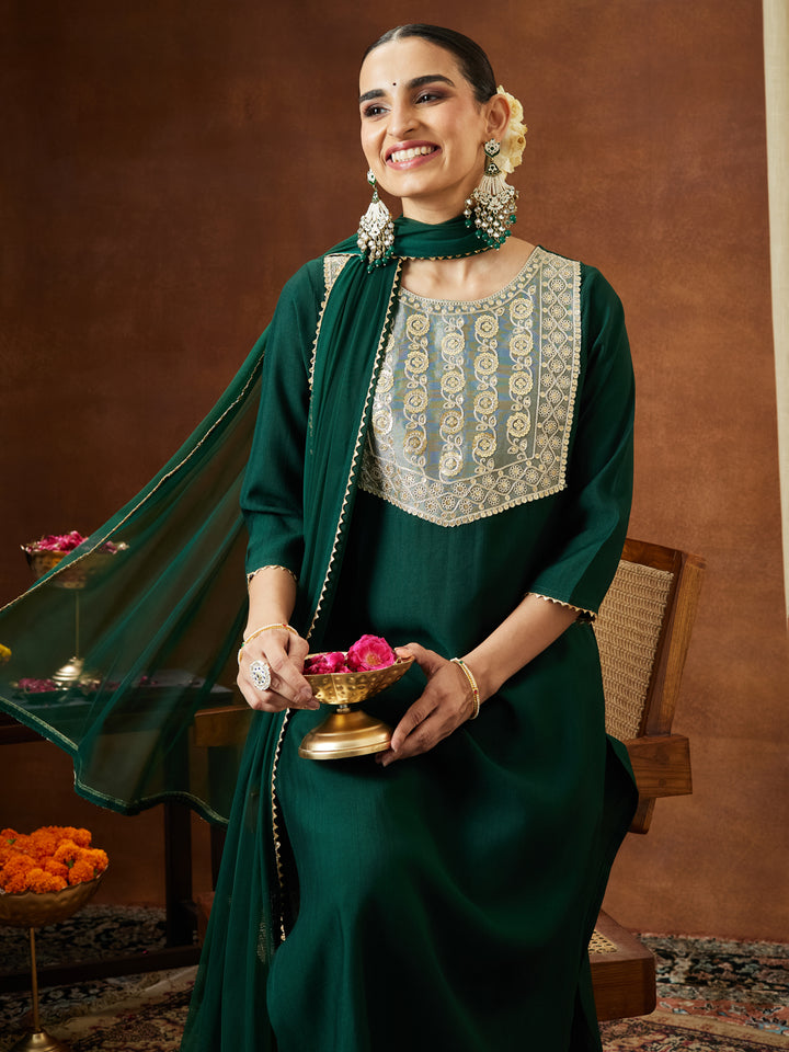 Bottle Green Silk Blend Embellished 3-Piece Kurta Set