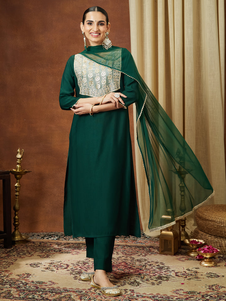 Bottle Green Silk Blend Embellished 3-Piece Kurta Set
