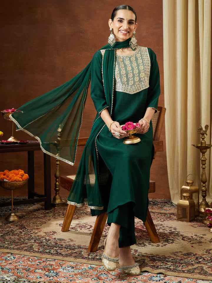 Bottle Green Silk Blend Embellished 3-Piece Kurta Set