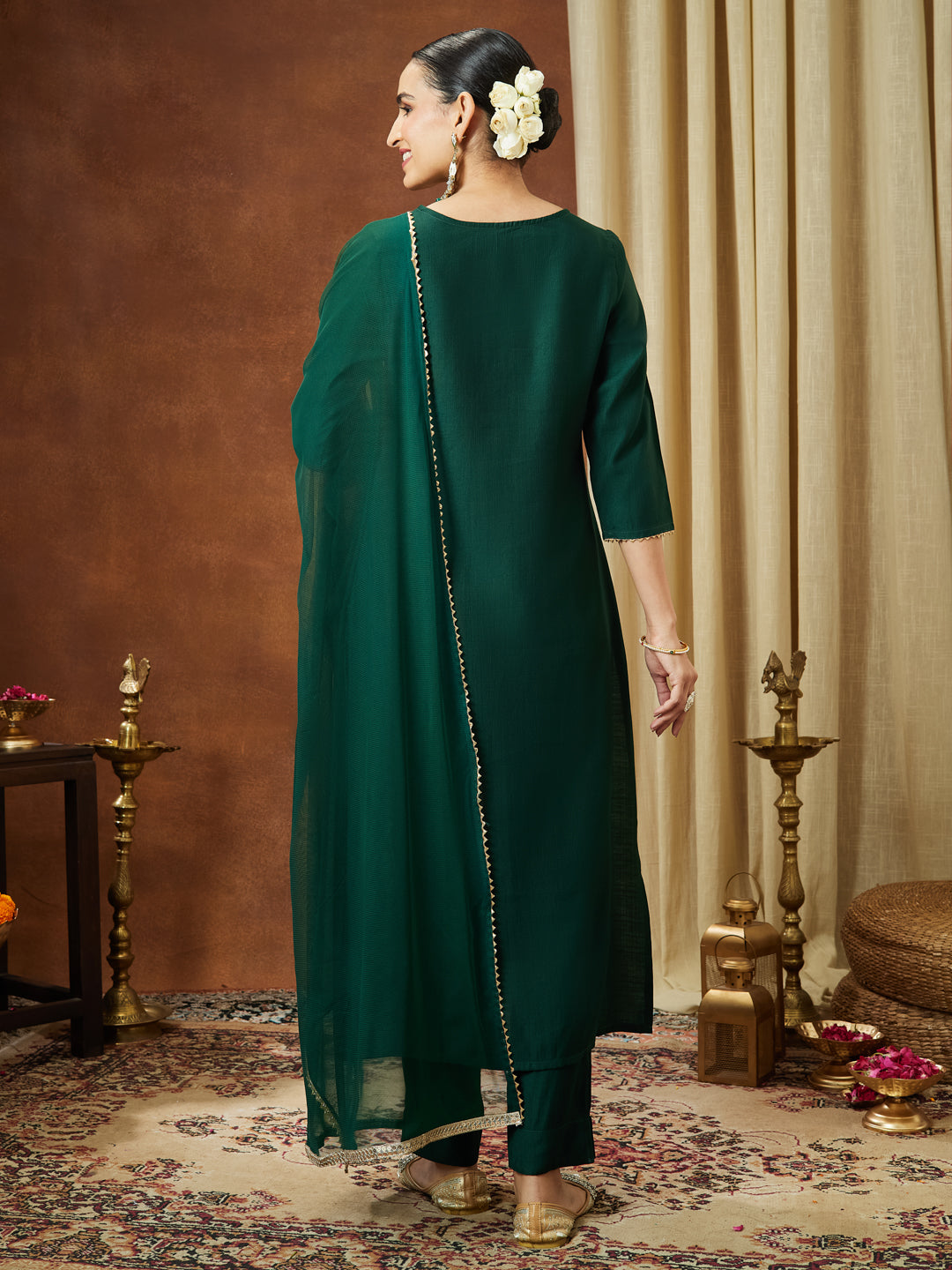 Bottle Green Silk Blend Embellished 3-Piece Kurta Set