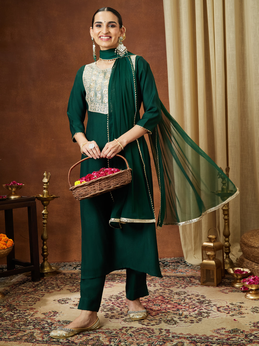 Bottle Green Silk Blend Embellished 3-Piece Kurta Set