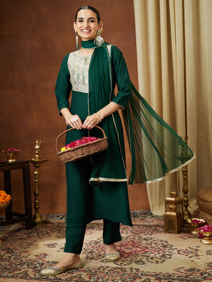 Bottle Green Silk Blend Embellished 3-Piece Kurta Set