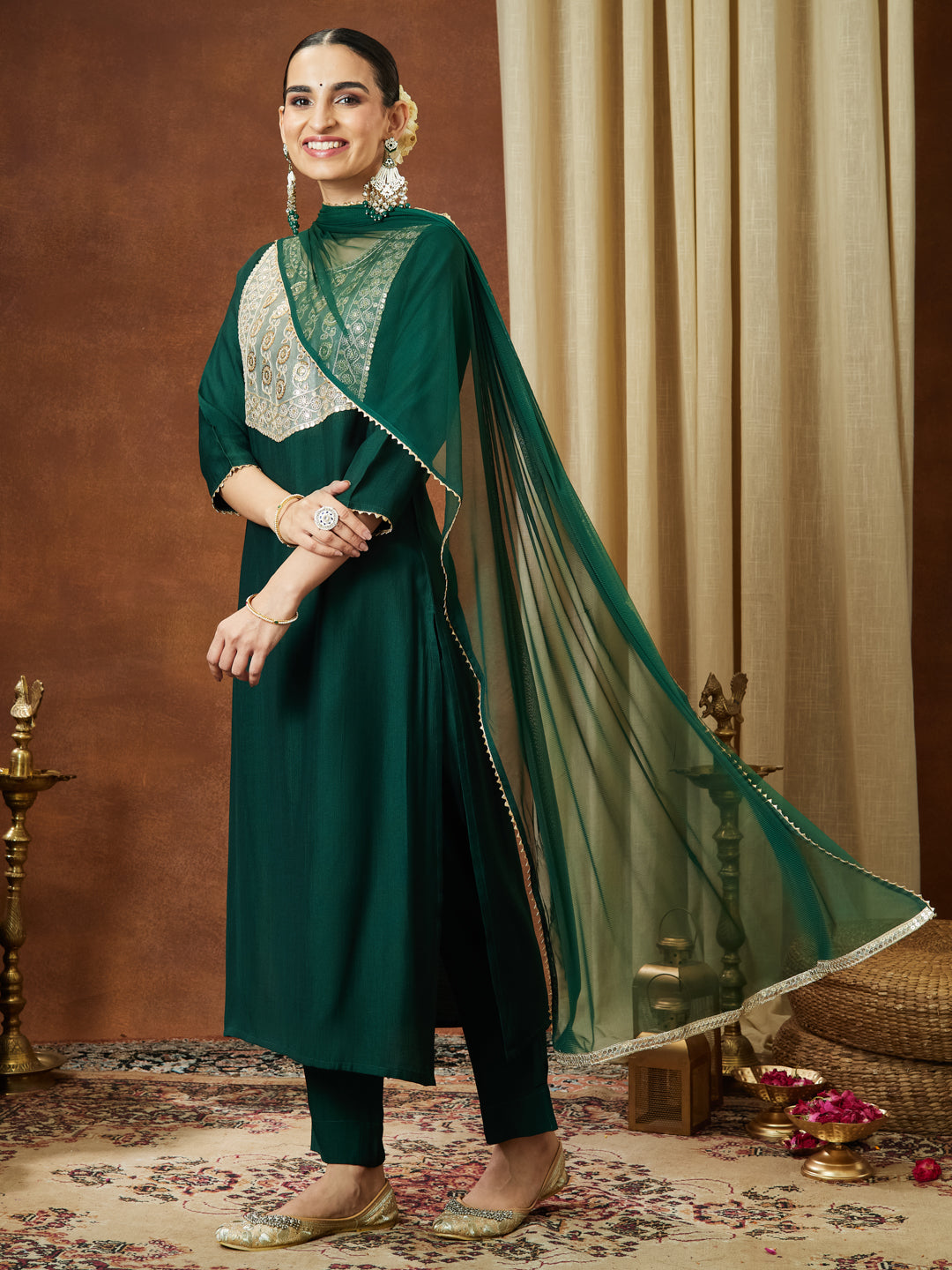 Bottle Green Silk Blend Embellished 3-Piece Kurta Set