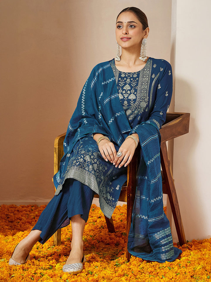 Teal Silk Blend Foil Print 3-Piece Kurta Set