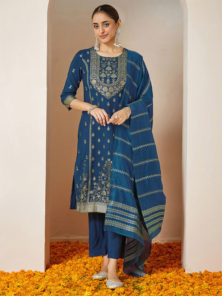 Teal Silk Blend Foil Print 3-Piece Kurta Set