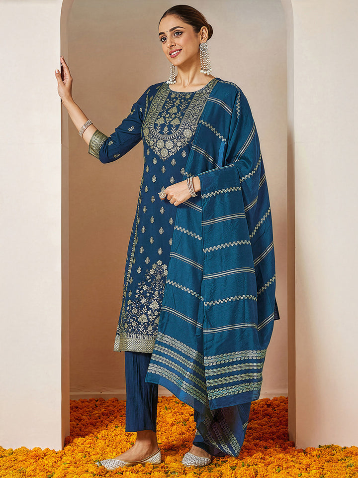 Teal Silk Blend Foil Print 3-Piece Kurta Set