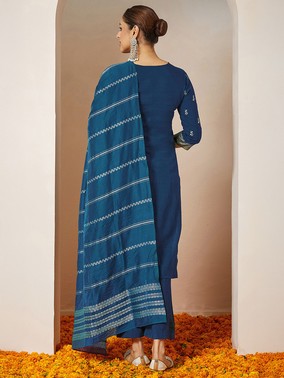 Teal Silk Blend Foil Print 3-Piece Kurta Set