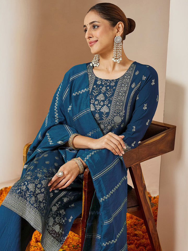 Teal Silk Blend Foil Print 3-Piece Kurta Set