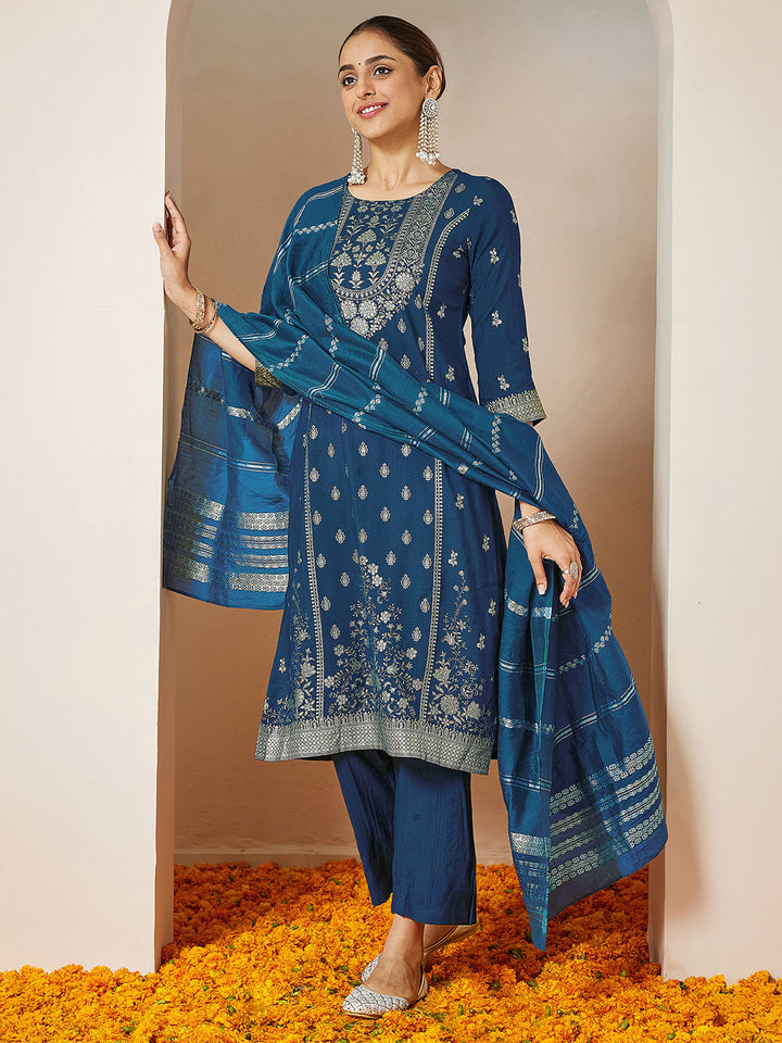 Teal Silk Blend Foil Print 3-Piece Kurta Set