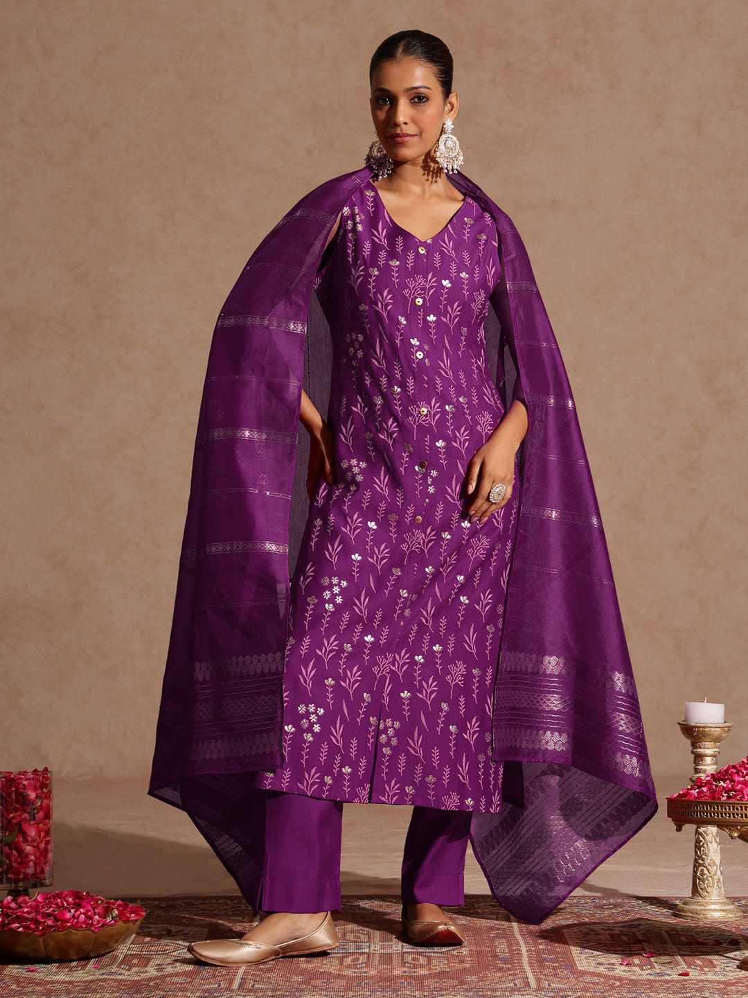 Purple Silk Blend Foil Print 3-Piece Kurta Set