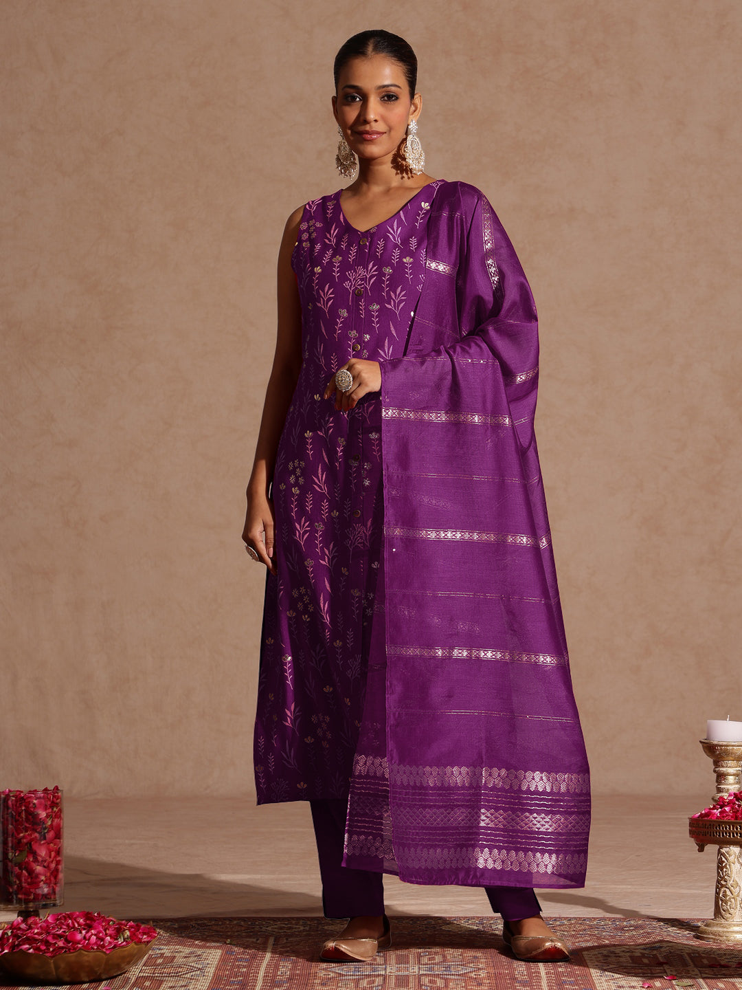 Purple Silk Blend Foil Print 3-Piece Kurta Set