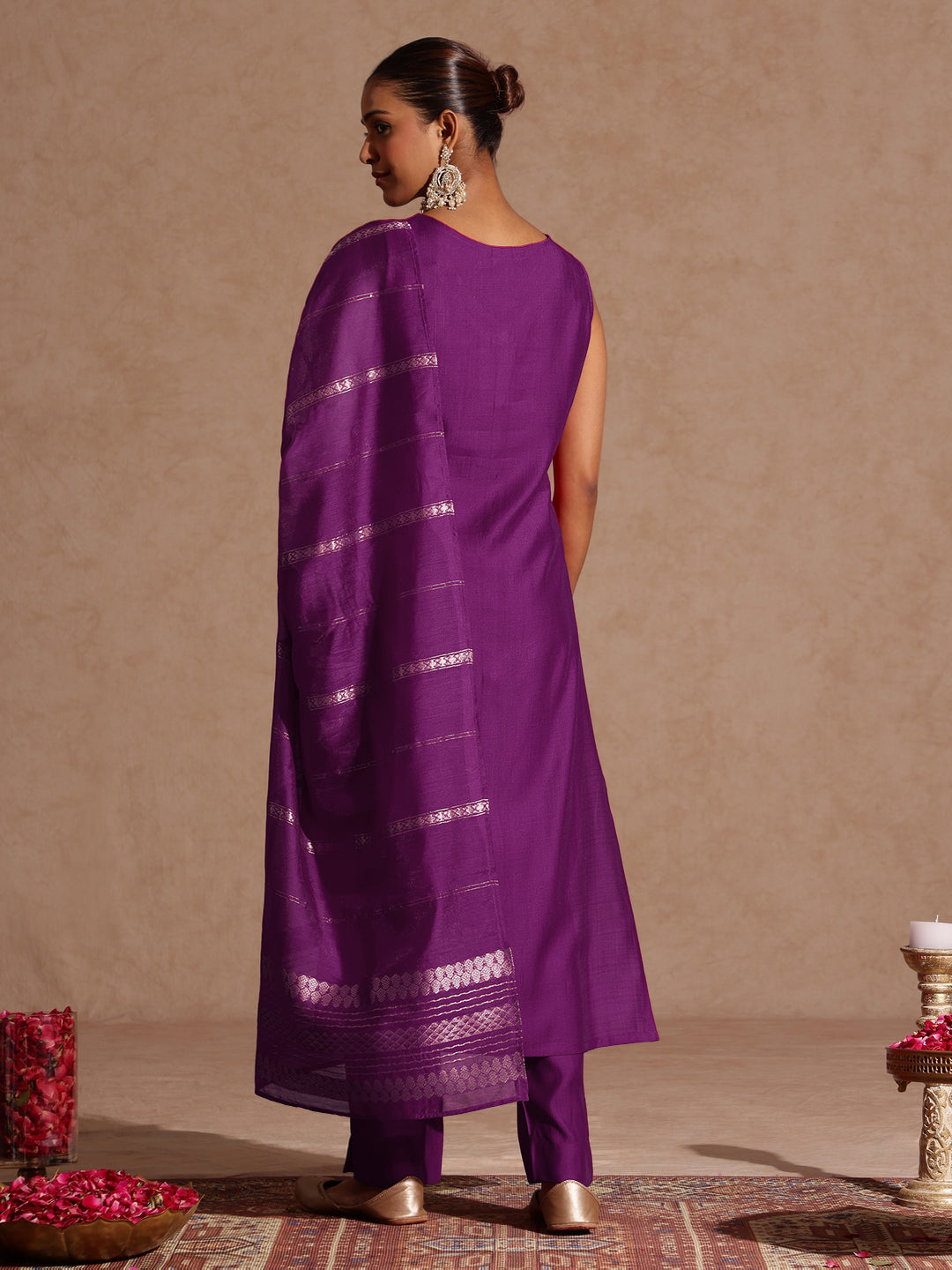 Purple Silk Blend Foil Print 3-Piece Kurta Set