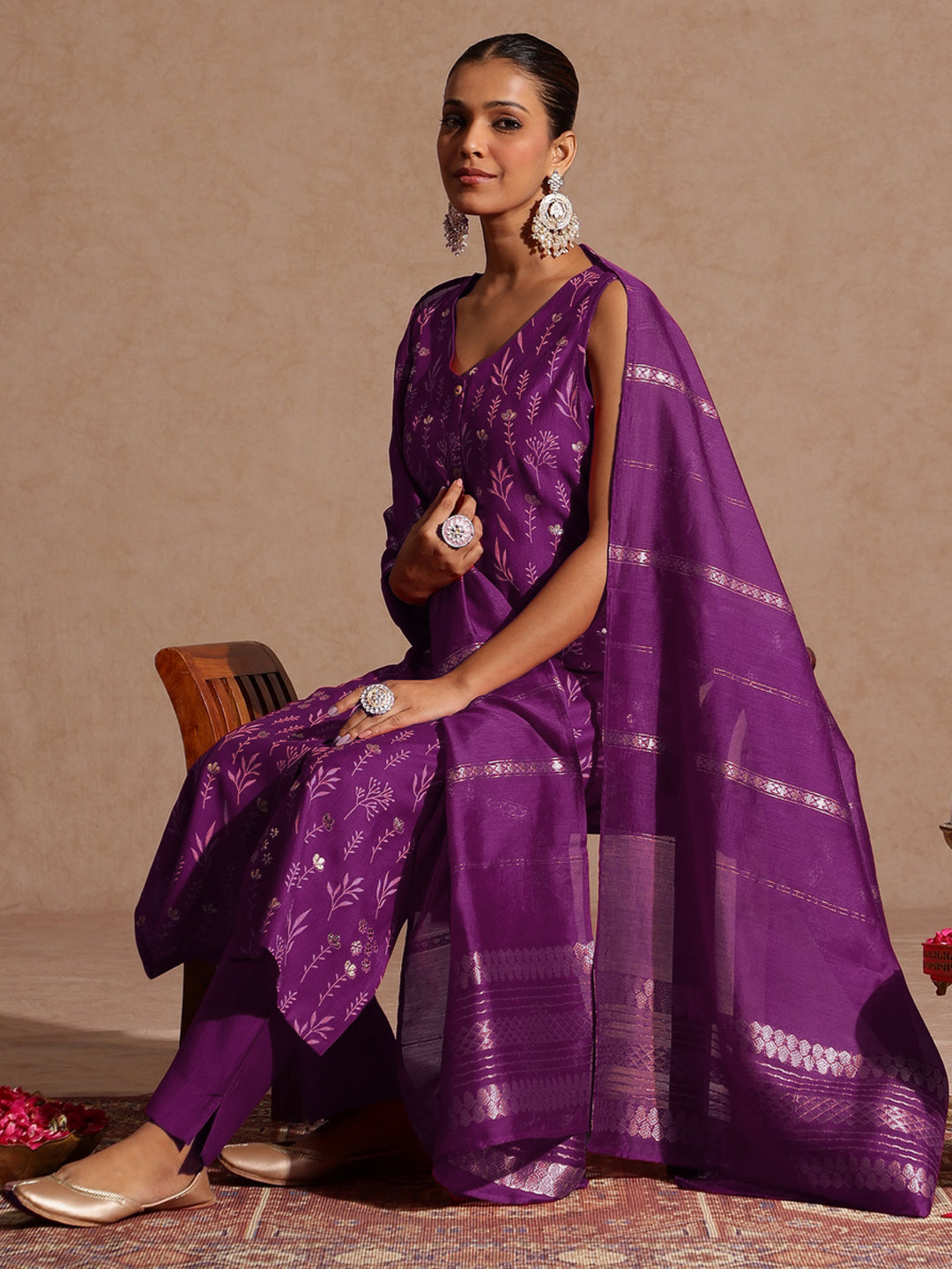 Purple Silk Blend Foil Print 3-Piece Kurta Set