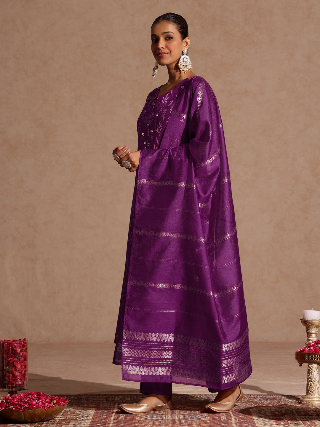Purple Silk Blend Foil Print 3-Piece Kurta Set