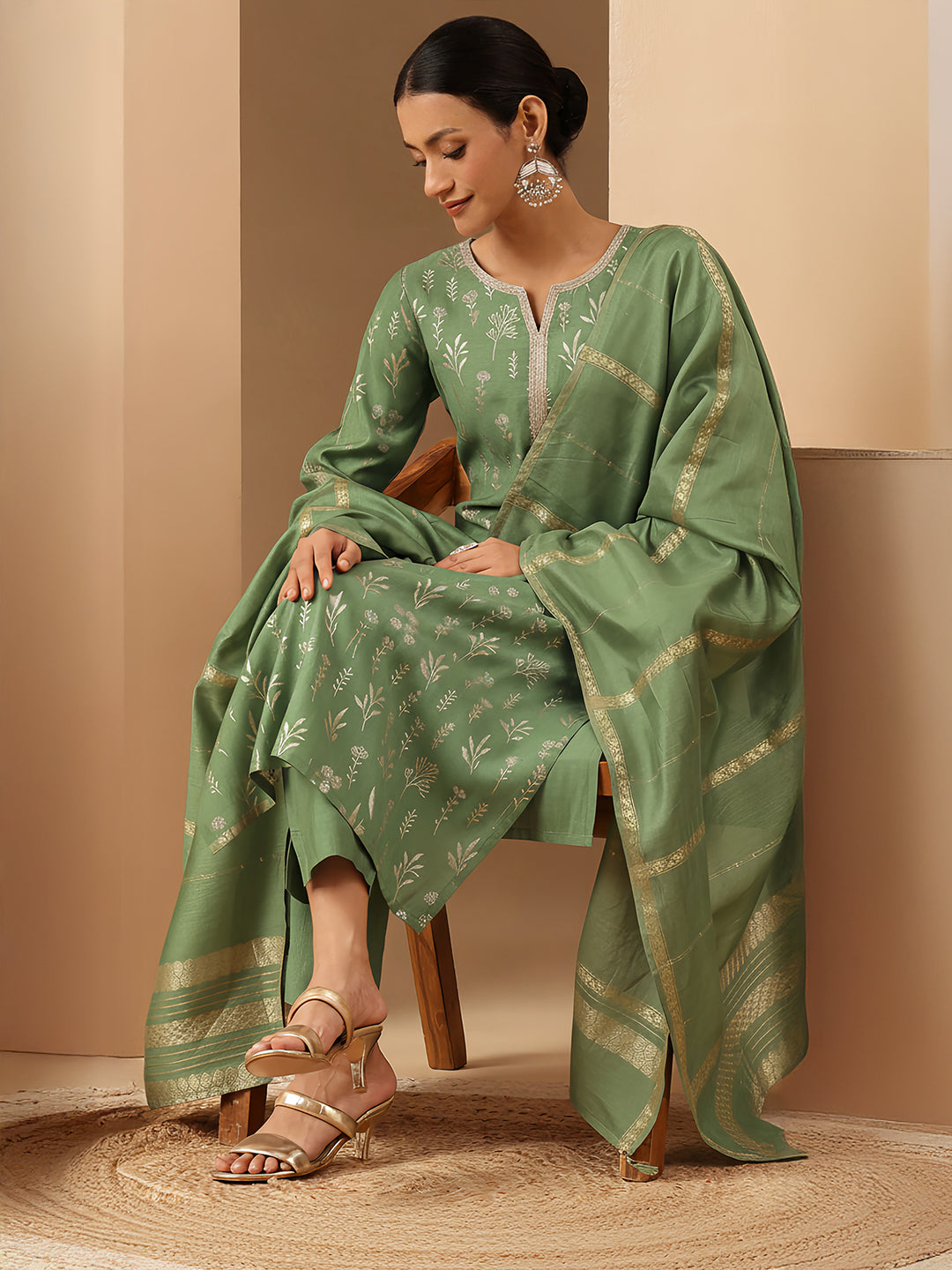 Mint Silk Blend Embellished 3-Piece Kurta Set