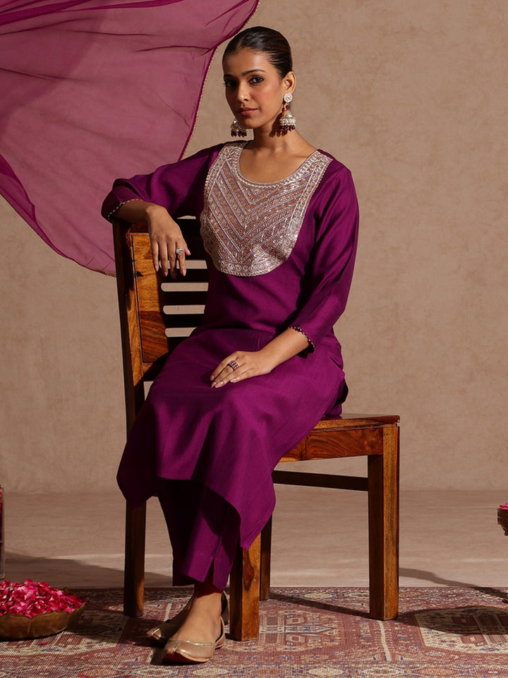 Purple Silk Blend Yoke Embroidery 3-Piece Kurta Set