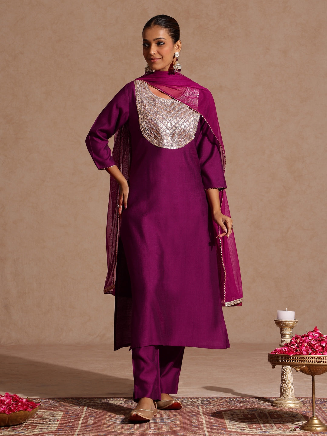 Purple Silk Blend Yoke Embroidery 3-Piece Kurta Set