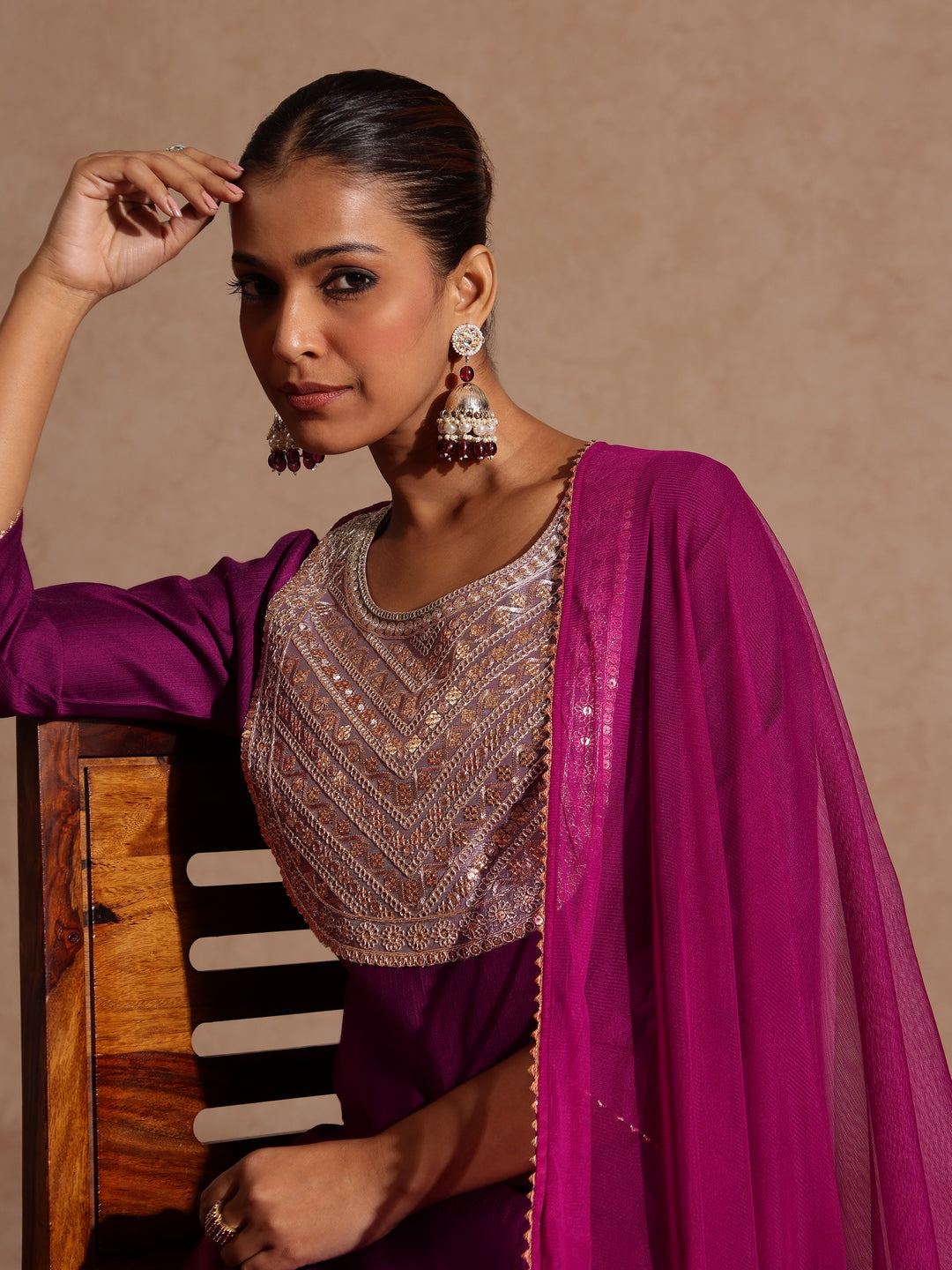 Purple Silk Blend Yoke Embroidery 3-Piece Kurta Set