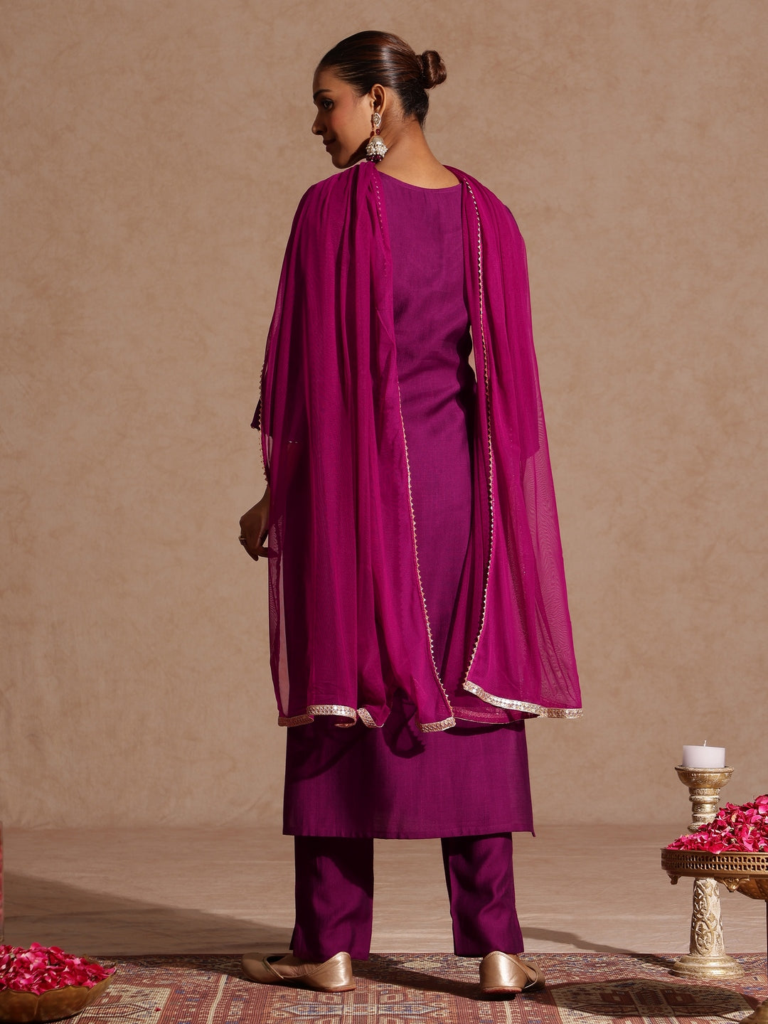 Purple Silk Blend Yoke Embroidery 3-Piece Kurta Set