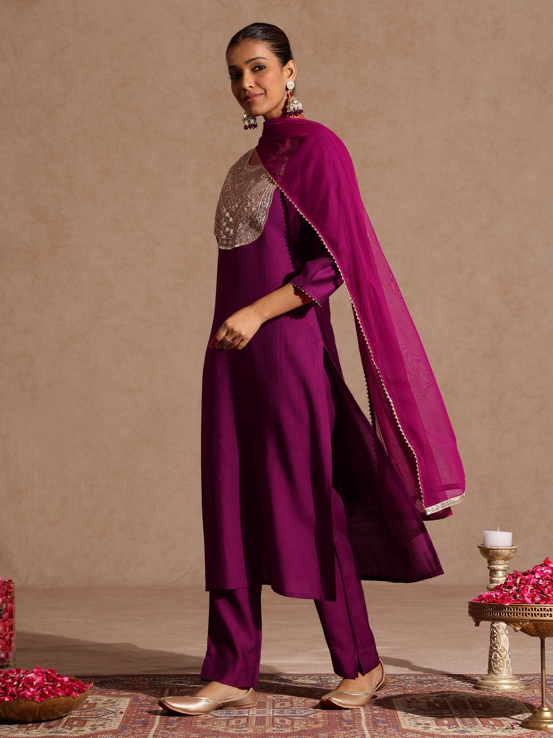 Purple Silk Blend Yoke Embroidery 3-Piece Kurta Set